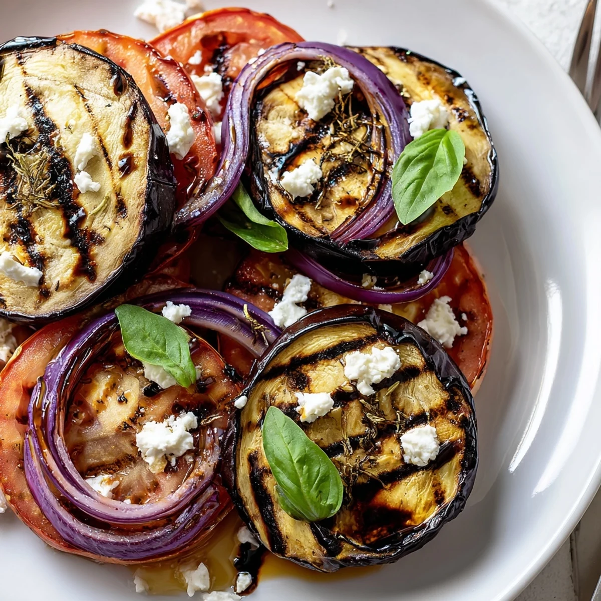 Juicy grilled tomato eggplant drizzled with balsamic marinade and garnished with basil leaves