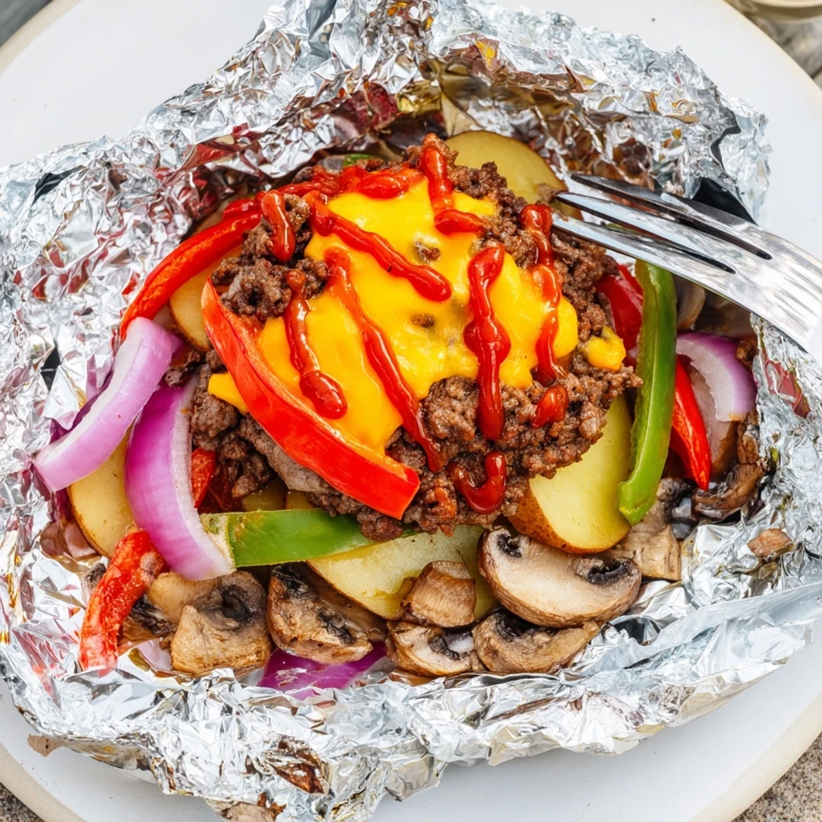 Cheeseburger hobo packets with melted cheddar, tender potatoes, and colorful veggies steaming in foil