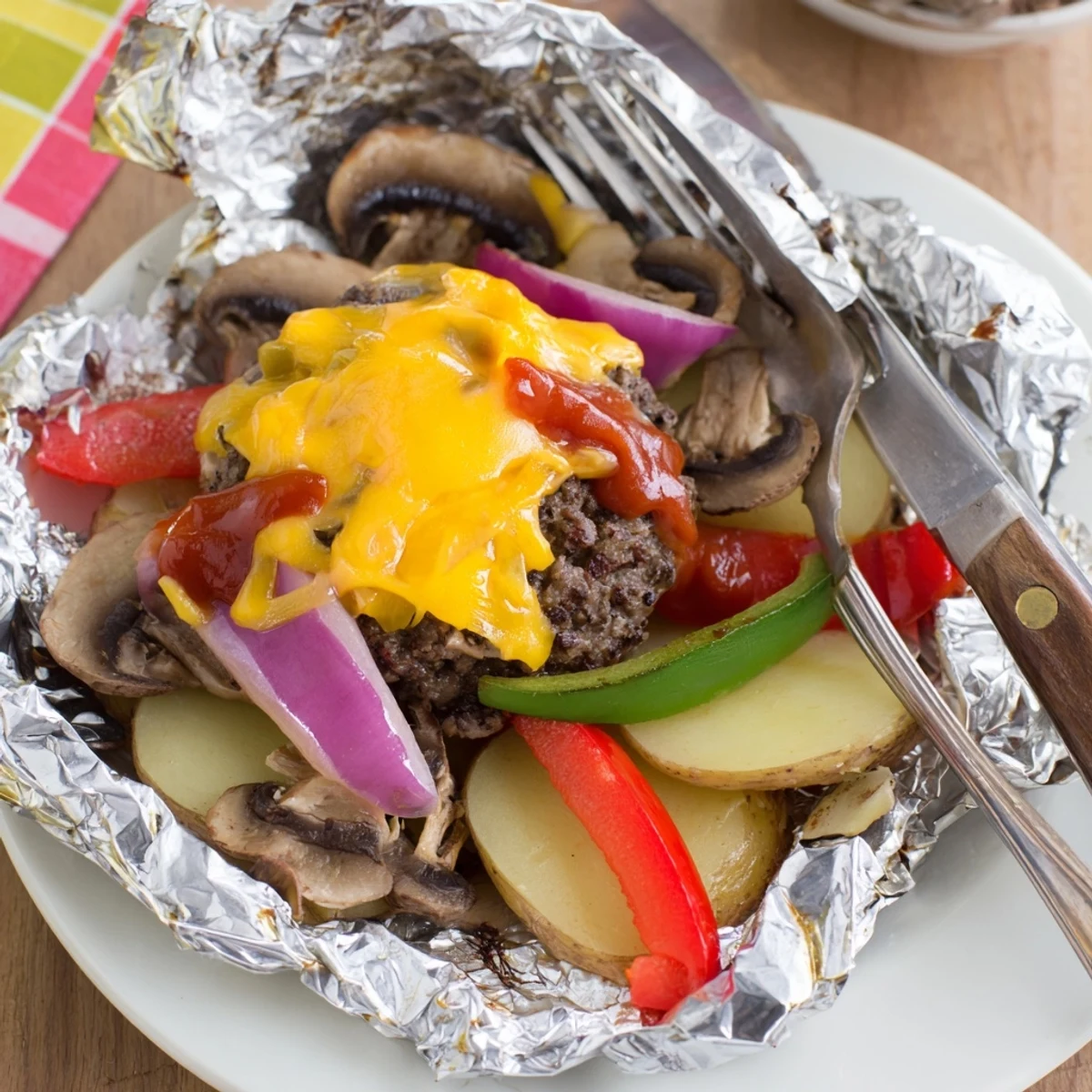 Juicy campfire cheeseburger hobo packets layered with seasoned beef and smoky grilled vegetables