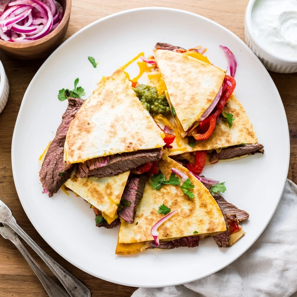 Crispy steak quesadillas sliced open revealing tender beef and gooey cheese filling