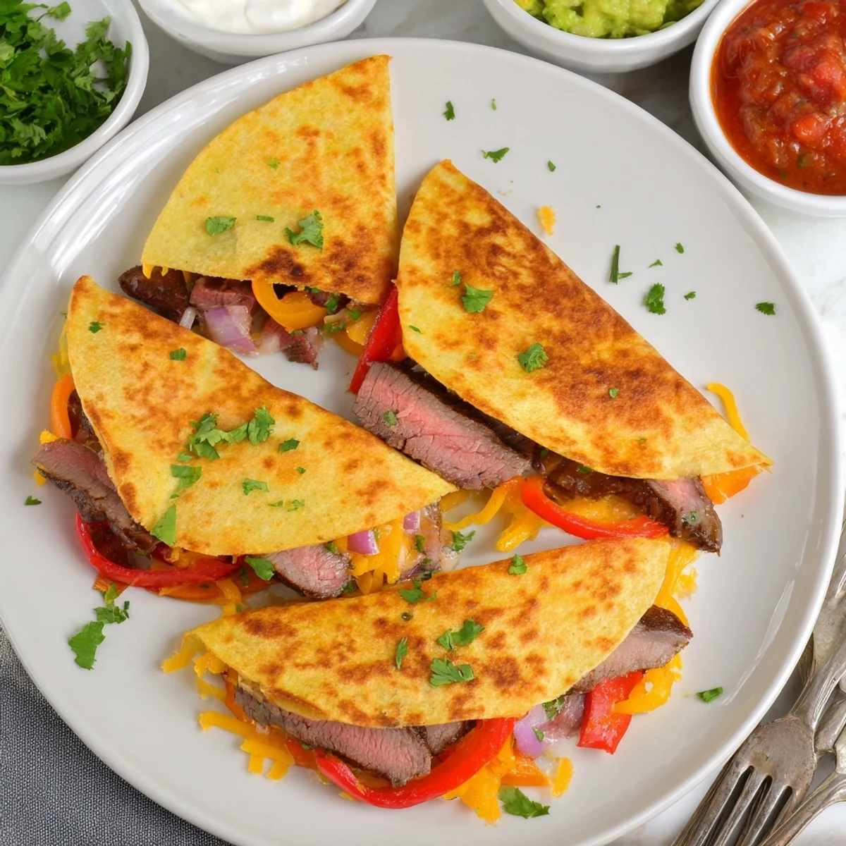 Golden steak quesadillas with melted cheese and peppers on a rustic wooden cutting board
