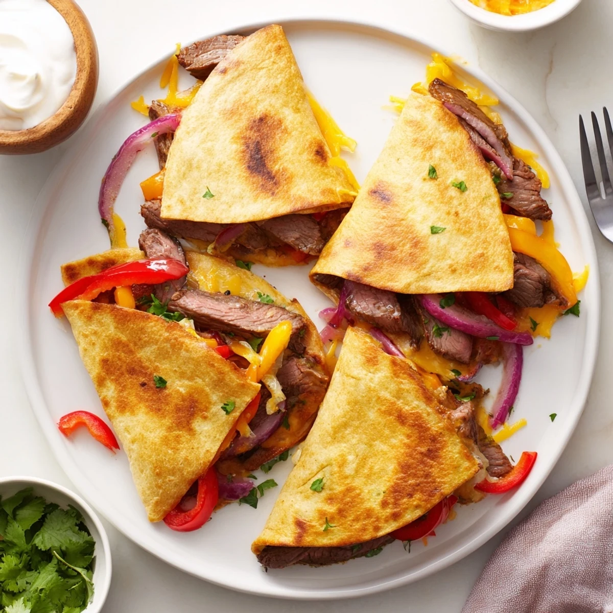 Steak quesadillas served with fresh guacamole salsa and sour cream for dipping