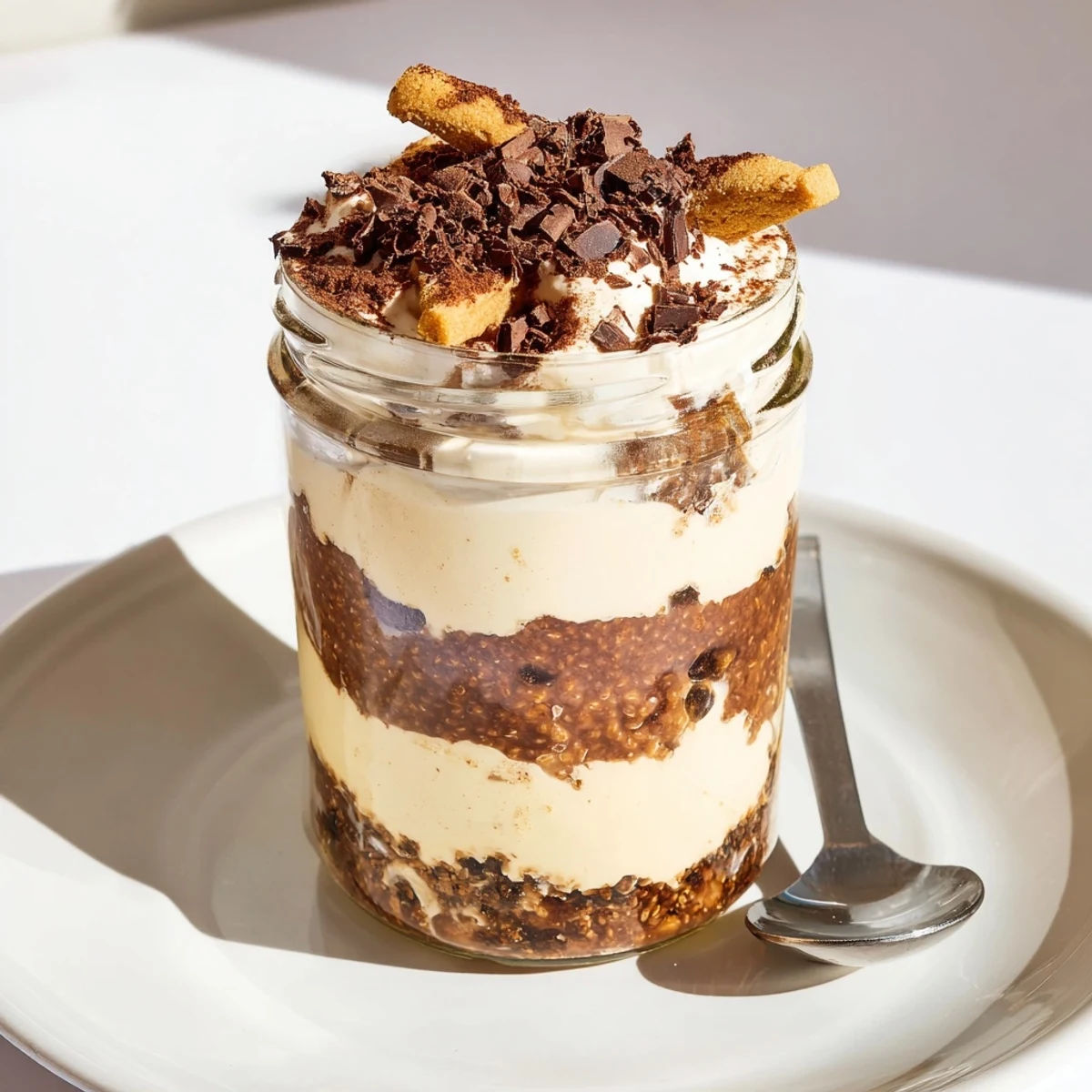 Rich coffee-infused tiramisu overnight oats topped with dark chocolate shavings in a glass jar