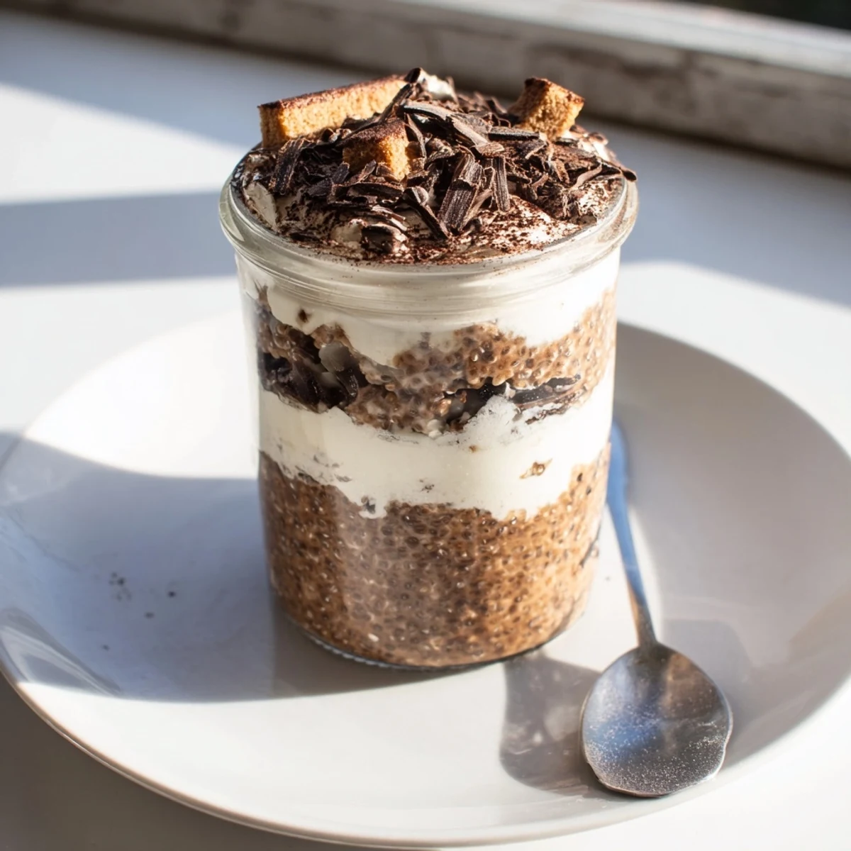 Creamy tiramisu overnight oats layered with mascarpone and dusted with cocoa powder