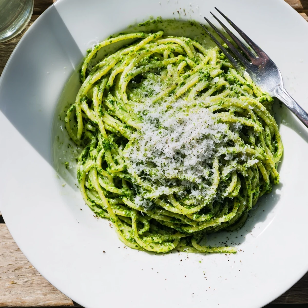 Creamy wild garlic pesto pasta coated in bright green herb sauce with pine nuts