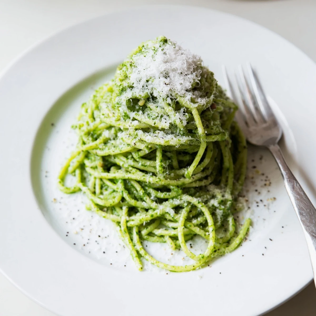 Steaming bowl of wild garlic pesto pasta garnished with cracked pepper and fresh herbs