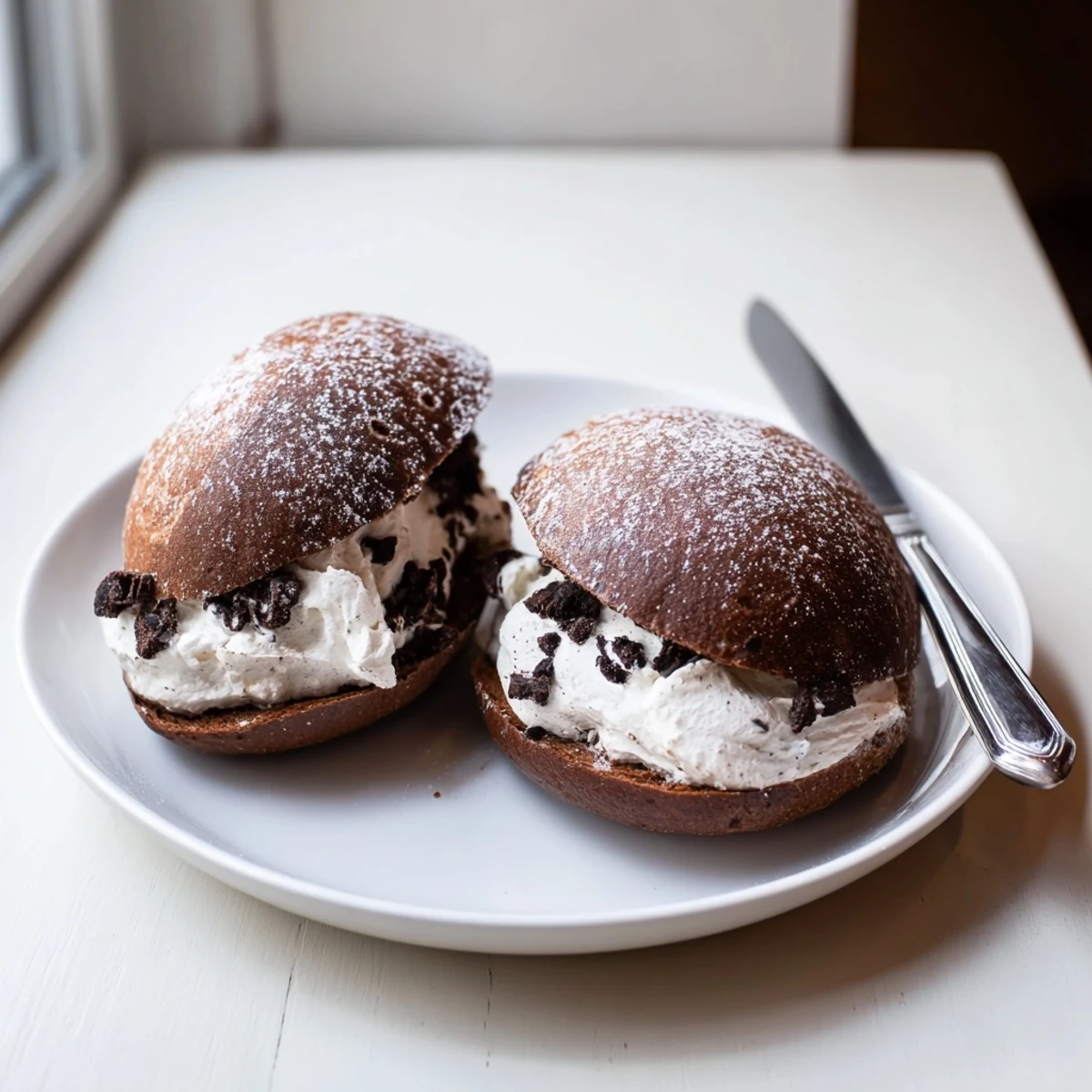 Italian Chocolate Maritozzi split open with billowing dark chocolate whipped cream spilling out