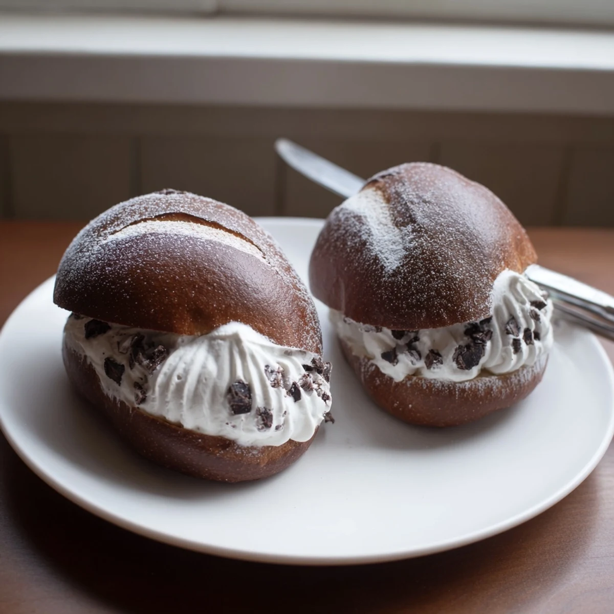Golden-brown Italian Chocolate Maritozzi filled with rich chocolate cream served alongside espresso