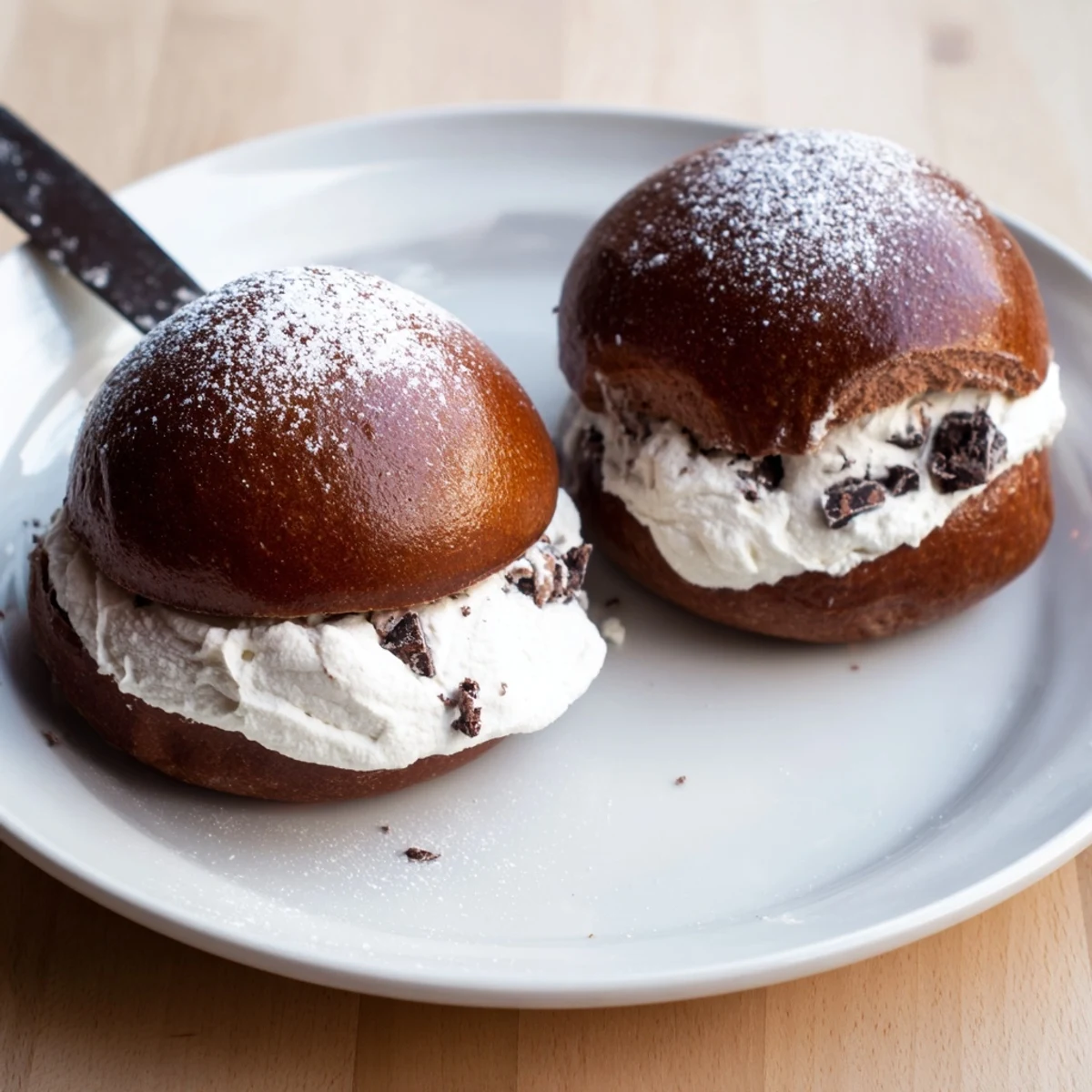 Glossy Italian Chocolate Maritozzi buns fresh from the oven dusted with powdered sugar