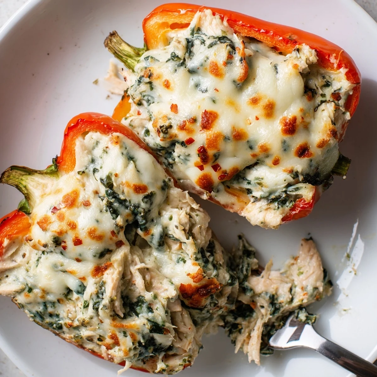 Golden baked chicken Florentine stuffed peppers with bubbling mozzarella on top