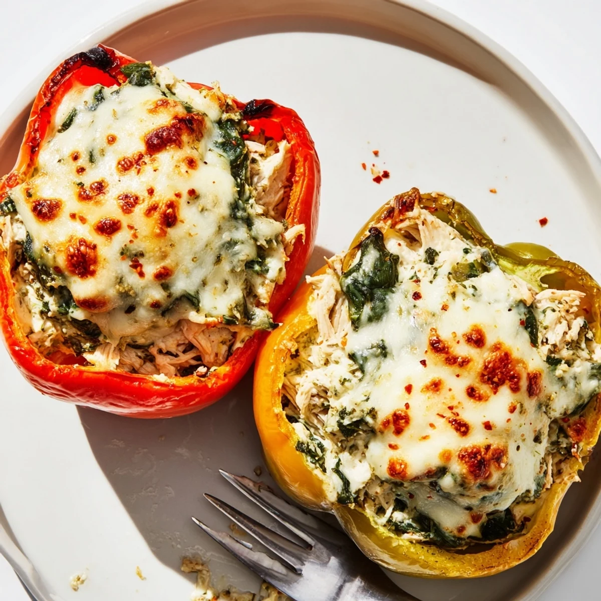 Colorful bell peppers stuffed with creamy chicken Florentine filling fresh from oven