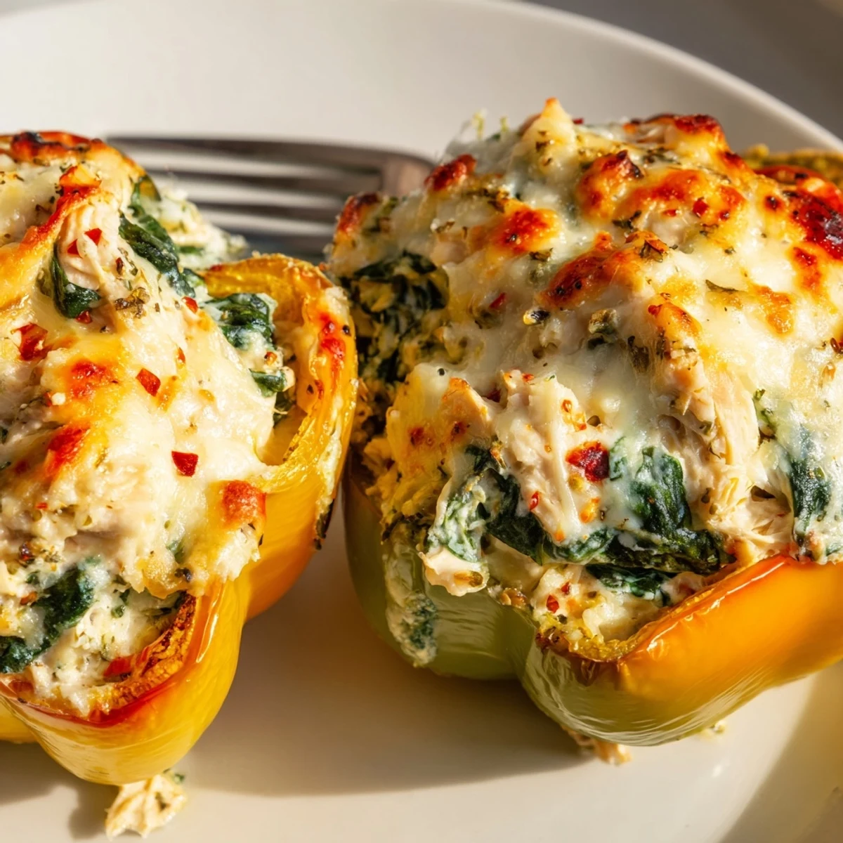 Cheesy chicken Florentine stuffed peppers served on a rustic white ceramic plate