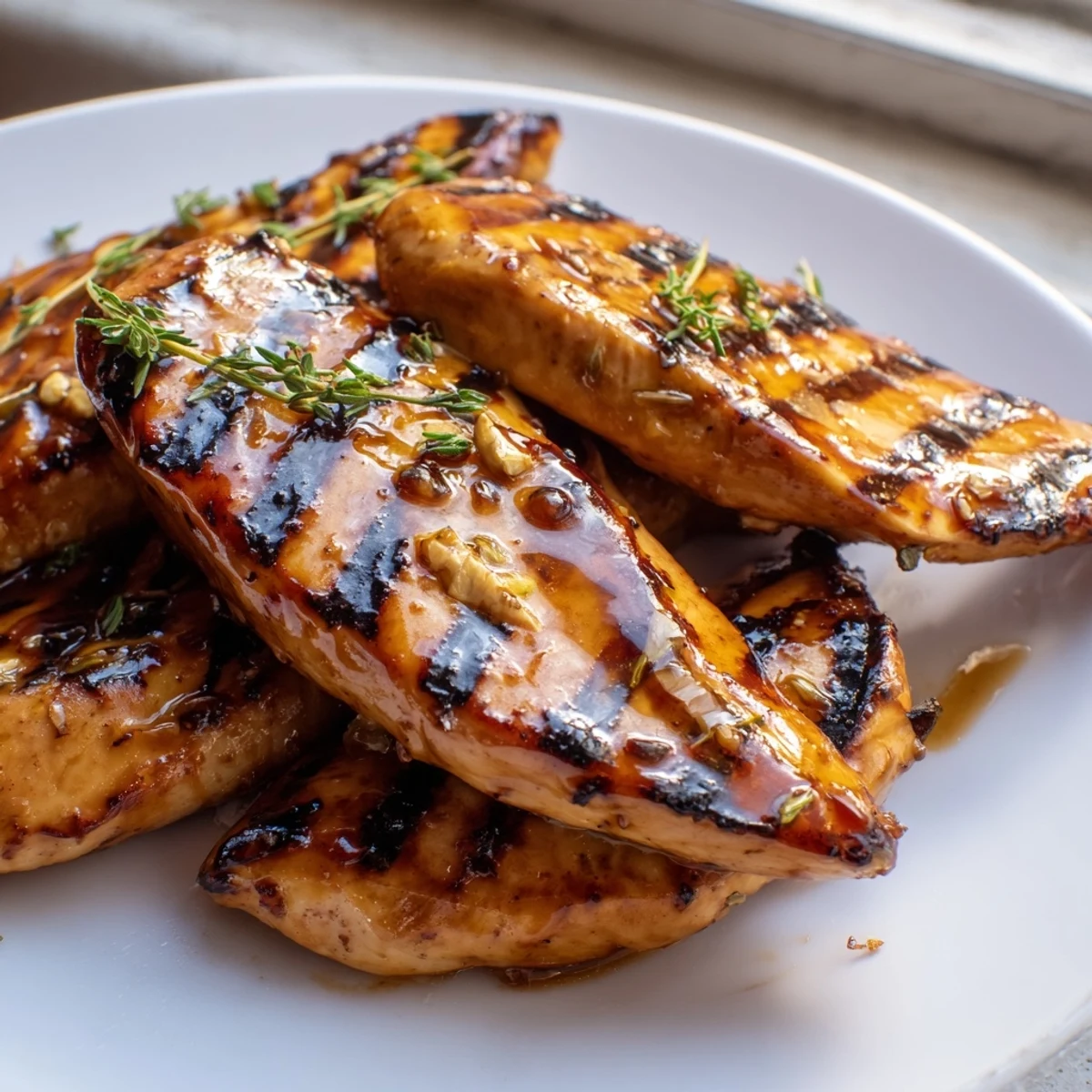 Golden Maple Dijon Grilled Chicken with charred marks resting on a rustic cutting board