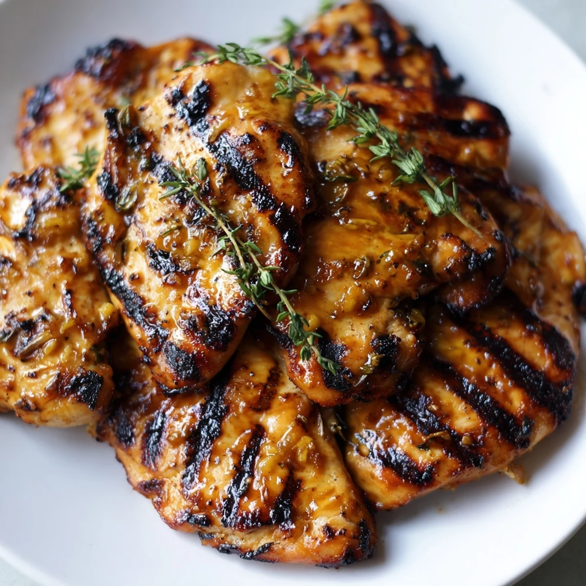 Crispy-skinned Maple Dijon Grilled Chicken served alongside roasted vegetables on a white dinner plate