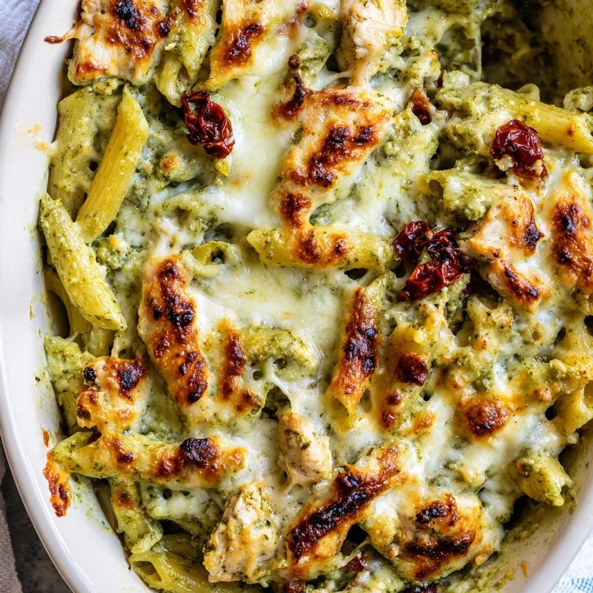 Golden bubbling pesto chicken pasta bake topped with melted mozzarella and fresh basil