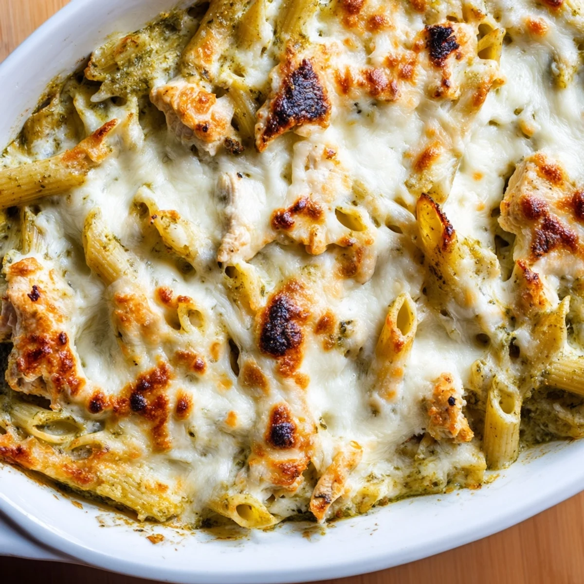 Creamy pesto chicken pasta bake with sun-dried tomatoes in a cast iron skillet