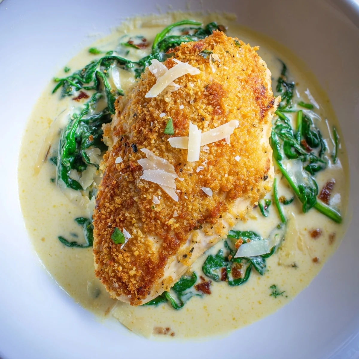 Golden Lemon Parmesan Spinach Chicken breasts nestled in creamy garlic spinach sauce