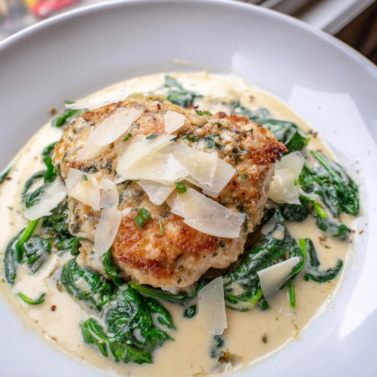 Crispy Parmesan-crusted Lemon Spinach Chicken topped with melted cheese and fresh spinach