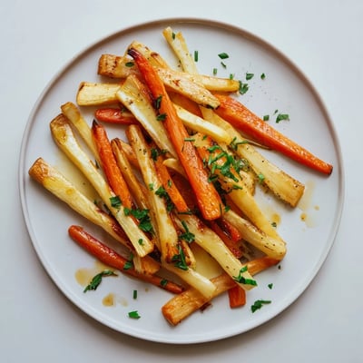 A close-up of the Tarragon and Honey Parsnips and Carrots highlights tender, herb-coated vegetables steaming beside a honey drizzle.
