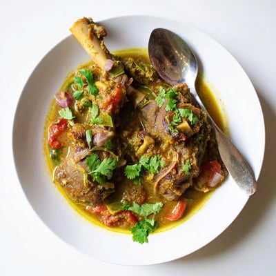 A serving of Sri Lankan Lamb Shank Curry in a white bowl with steamed rice, garnished with fresh cilantro and a lime wedge.