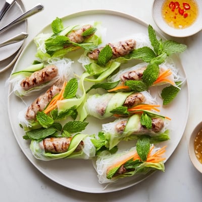Nem Nuong spring rolls displayed on a plate with vermicelli noodles, julienned carrots, and cucumber, ready to be dipped in savory nuoc cham.