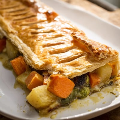 Leftover Roast Vegetable Pie baked in a dish, steam rising, with a crisp puff pastry top ready to serve.
