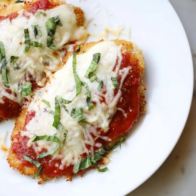 A close-up of Amazing 15 Minute Keto Chicken Parmesan bubbling under cheese, served alongside fresh basil and zucchini noodles for a low-carb dinner.