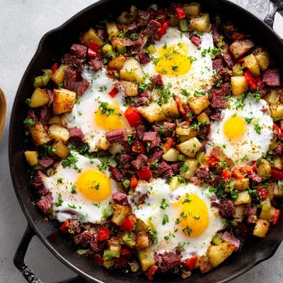 A close-up view of the Corned Beef Hash Skillet topped with a perfectly poached egg and fresh parsley garnish. 