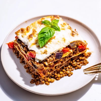 A close-up shows a bubbling, golden-brown Smoky Veggie Lentil Lasagna fresh from the oven, revealing layers of roasted vegetables and lentils.