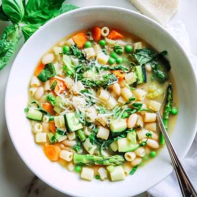 Spring minestrone soup ladled into a rustic bowl topped with grated Parmigiano Reggiano