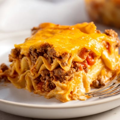 Warm Beef Lombardi Casserole layered with creamy cottage cheese, noodles, herbs