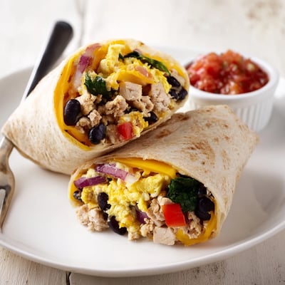 Savory Protein Breakfast Burrito sliced in half, steam rising, salsa on side