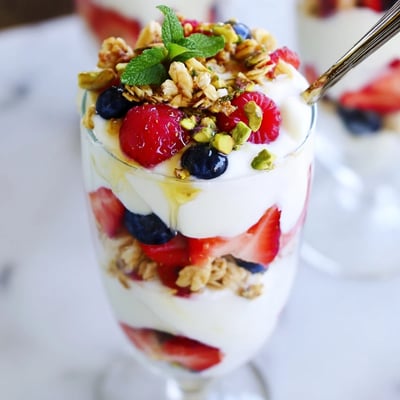 Bright Greek Yogurt Parfait topped with honey-drizzled berries and toasted chopped nuts