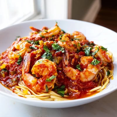 Spicy shrimp fra diavolo bubbling in a rich crushed tomato herb sauce