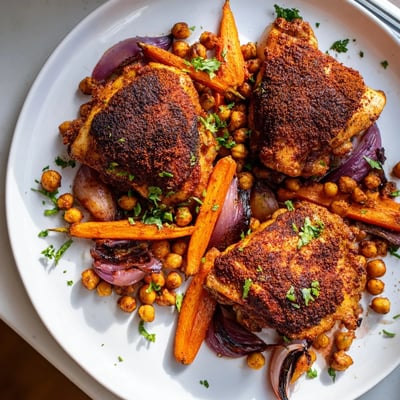 Tender sumac chicken thighs nestled alongside caramelized carrots and seasoned chickpeas