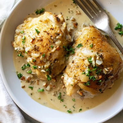 Creamy oven baked chicken thighs with crispy skin in a luscious herb cream sauce